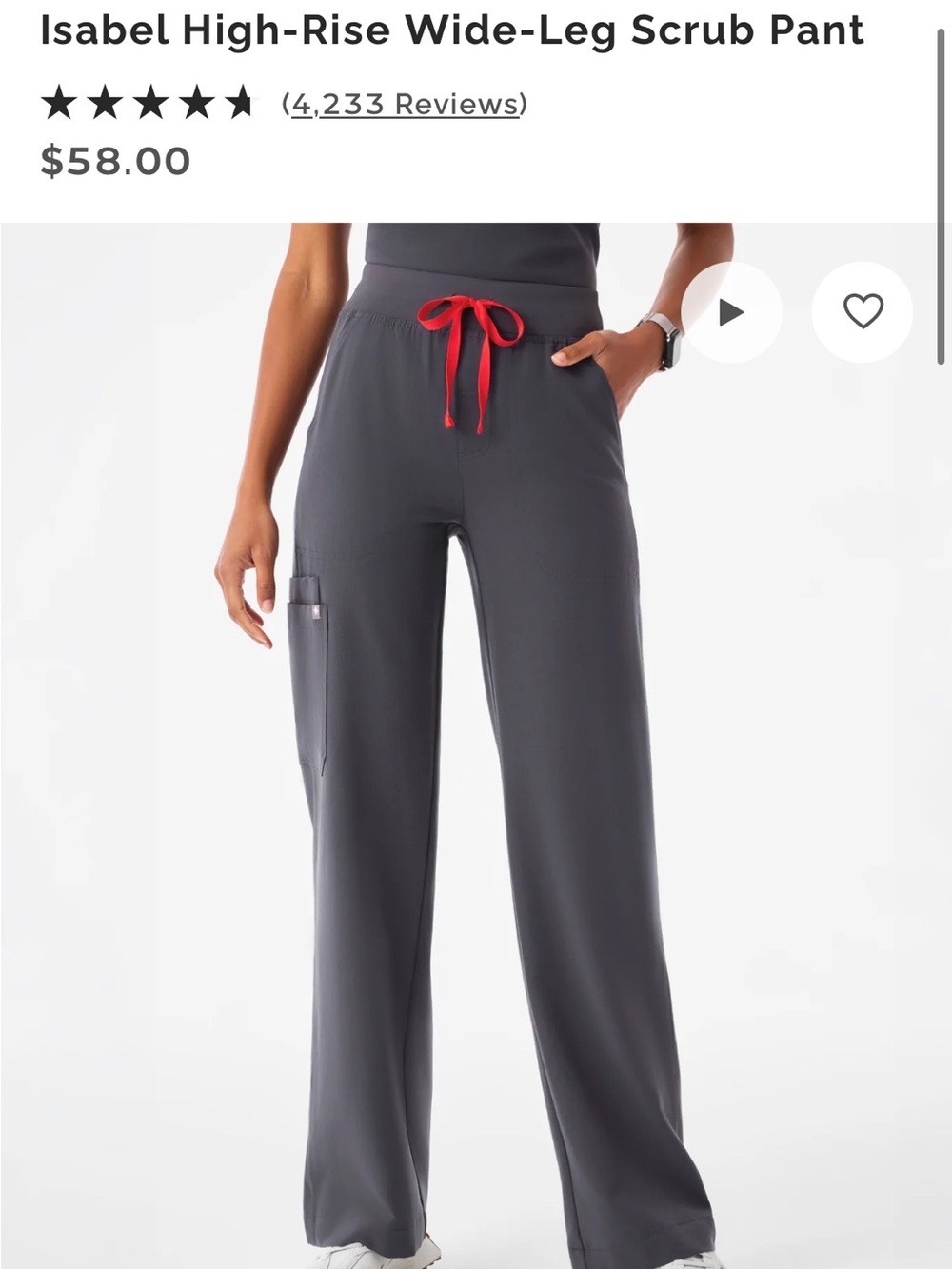Figs Isabel High-Rise Wide-Leg Scrub Pant in Gray with Red Drawstring